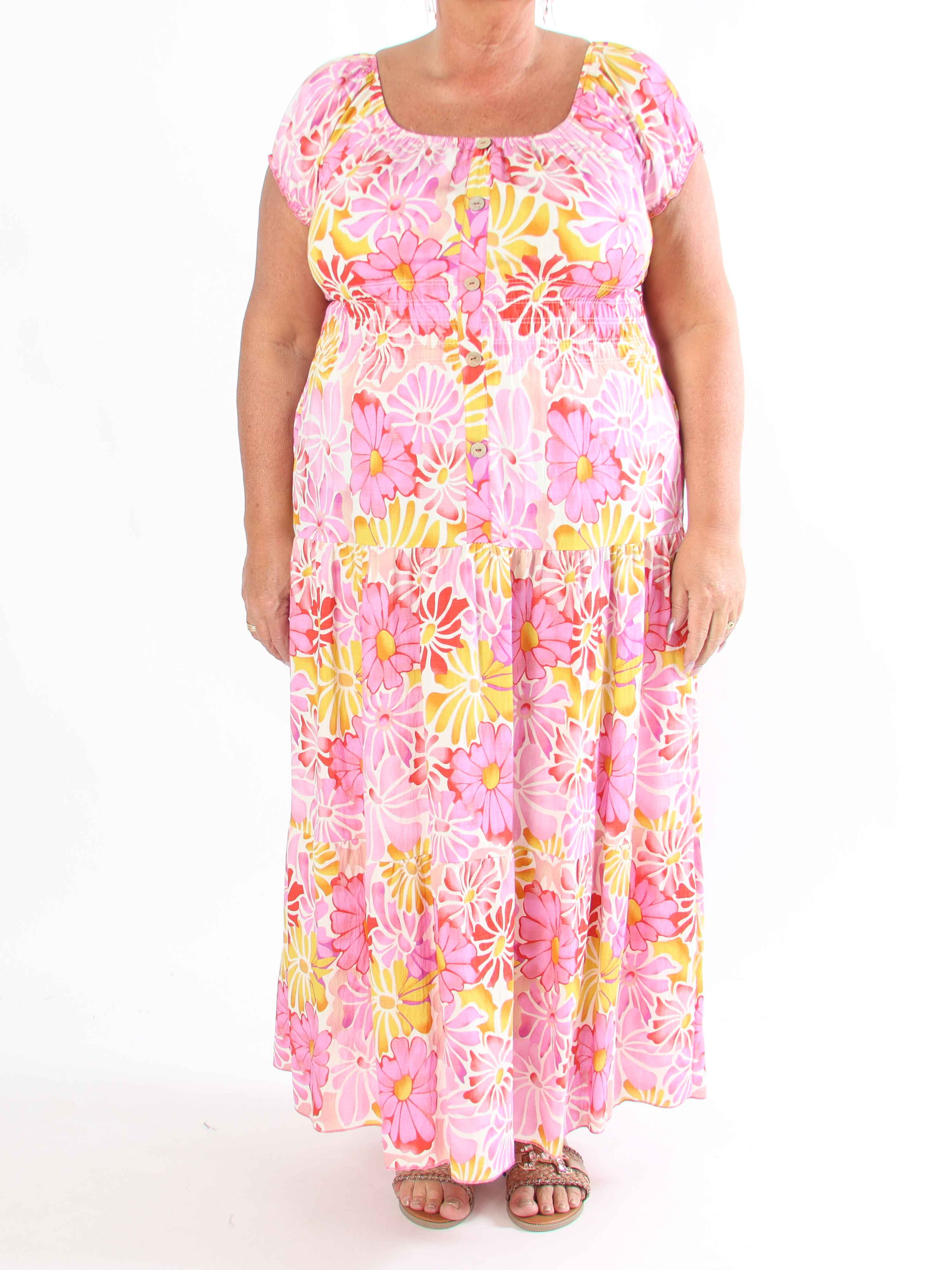 Monica - Plus size-klänning i viskos med smockad midja och puffärmar